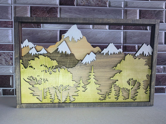 Snow capped Mountains  and tree scenery.